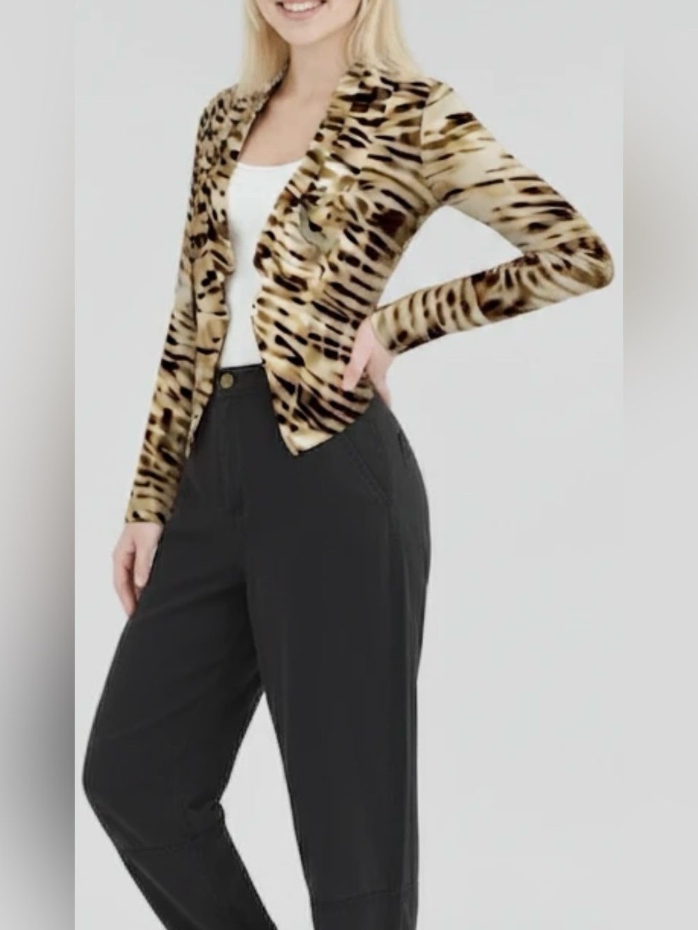 G BY GUESS jacket blazer open front zebra print long sleeve browns cream size L